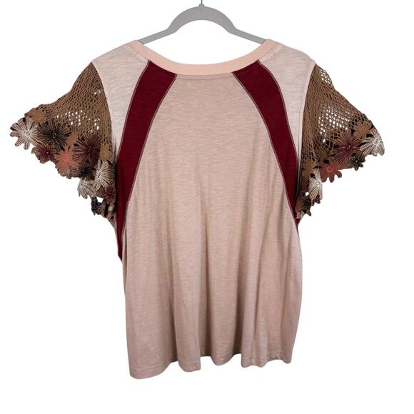 Free People As If Crochet Floral Short Sleeve Embroidered Lightweight Blouse L - Picture 5 of 12